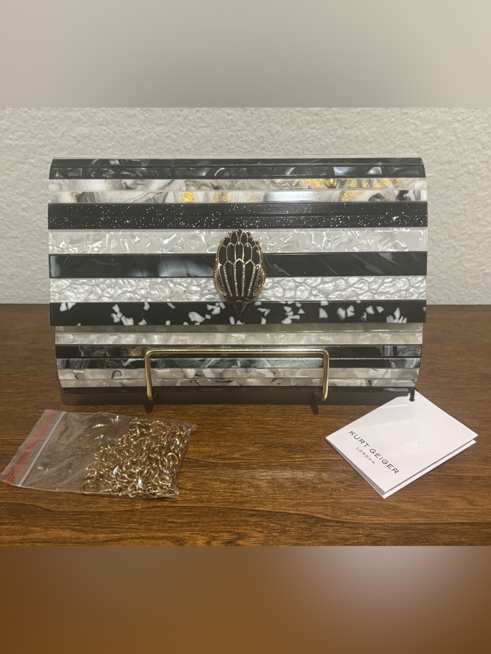 Kurt Geiger Black, White Striped Acrylic Clutch/Crossbody